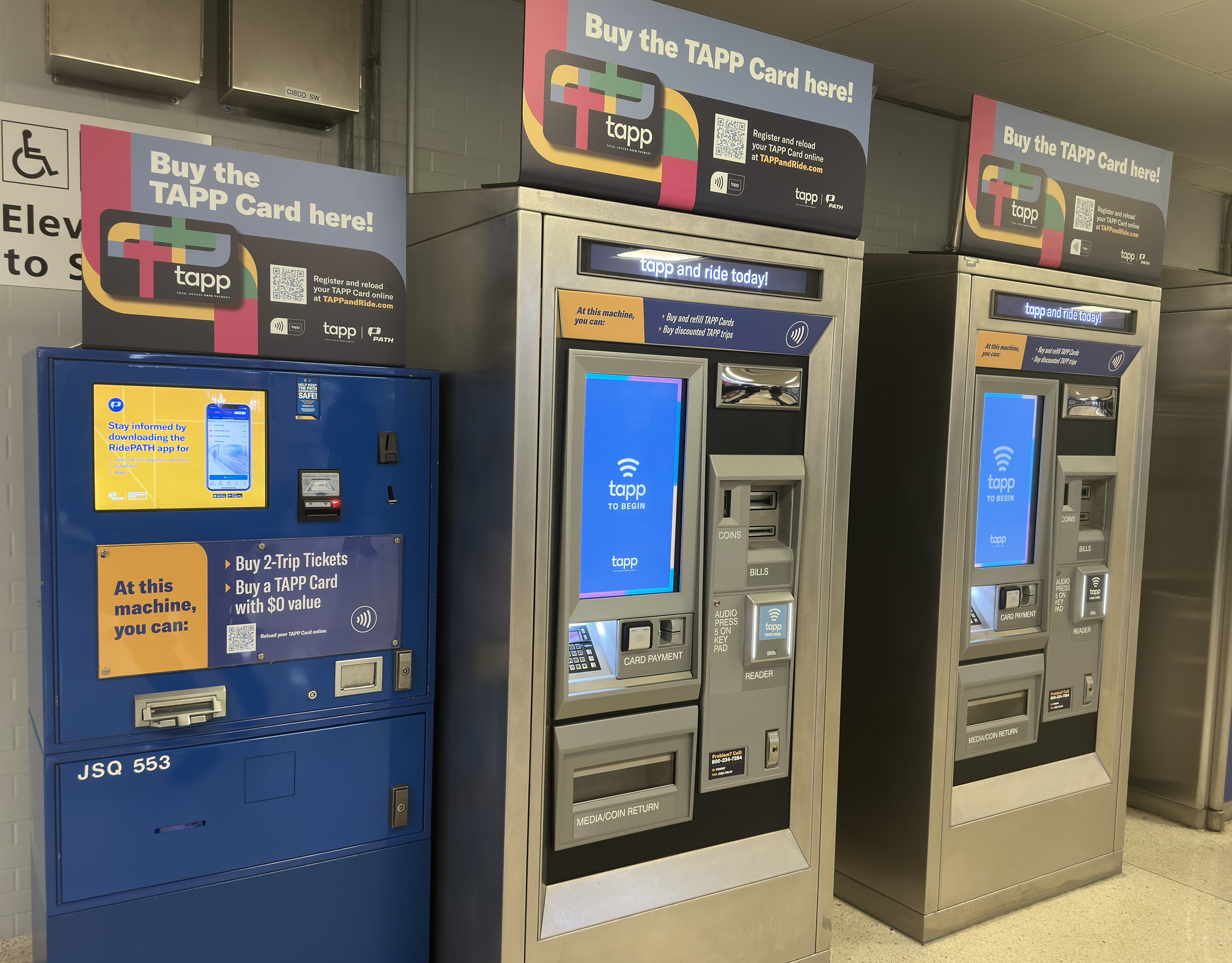 Blue TAPP dispenser next to two TAPP Vending Machines